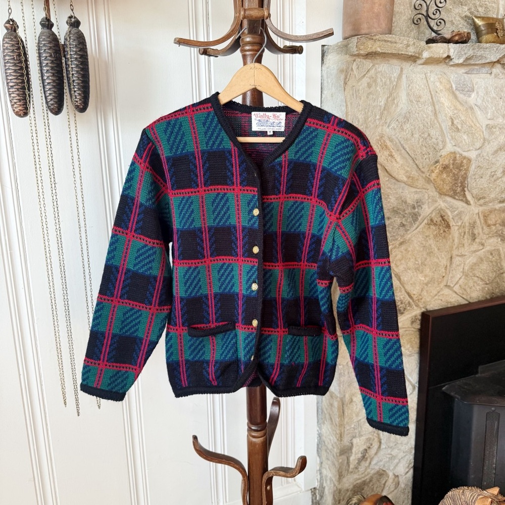 Vintage Tally Ho Holiday Plaid Multicolor Knit Cardigan